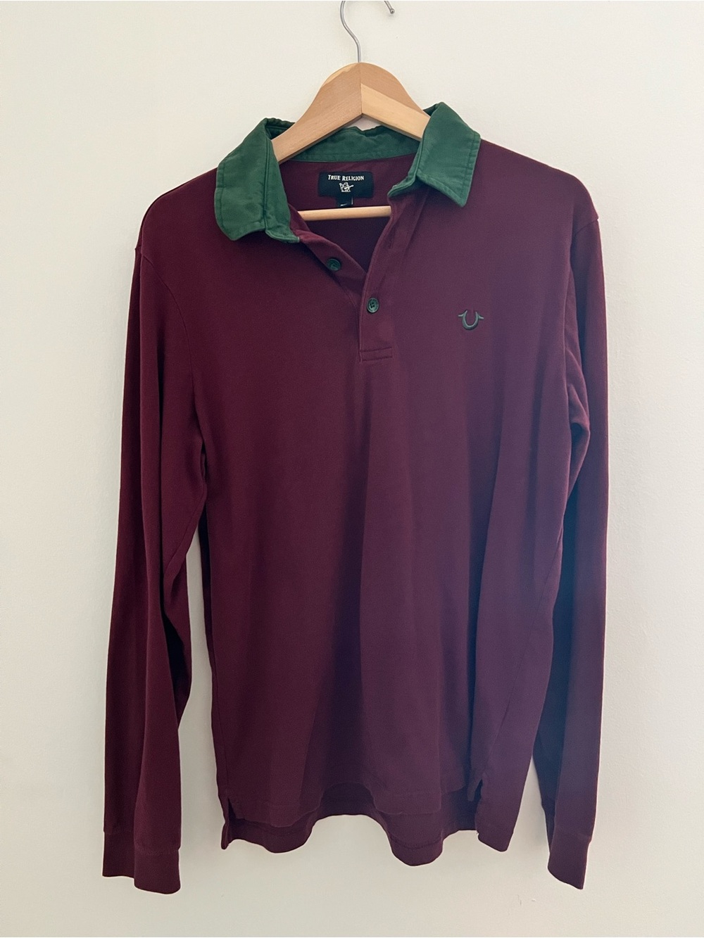 True Religion Men's Long-Sleeve Polo - Burgundy with Green Collar
